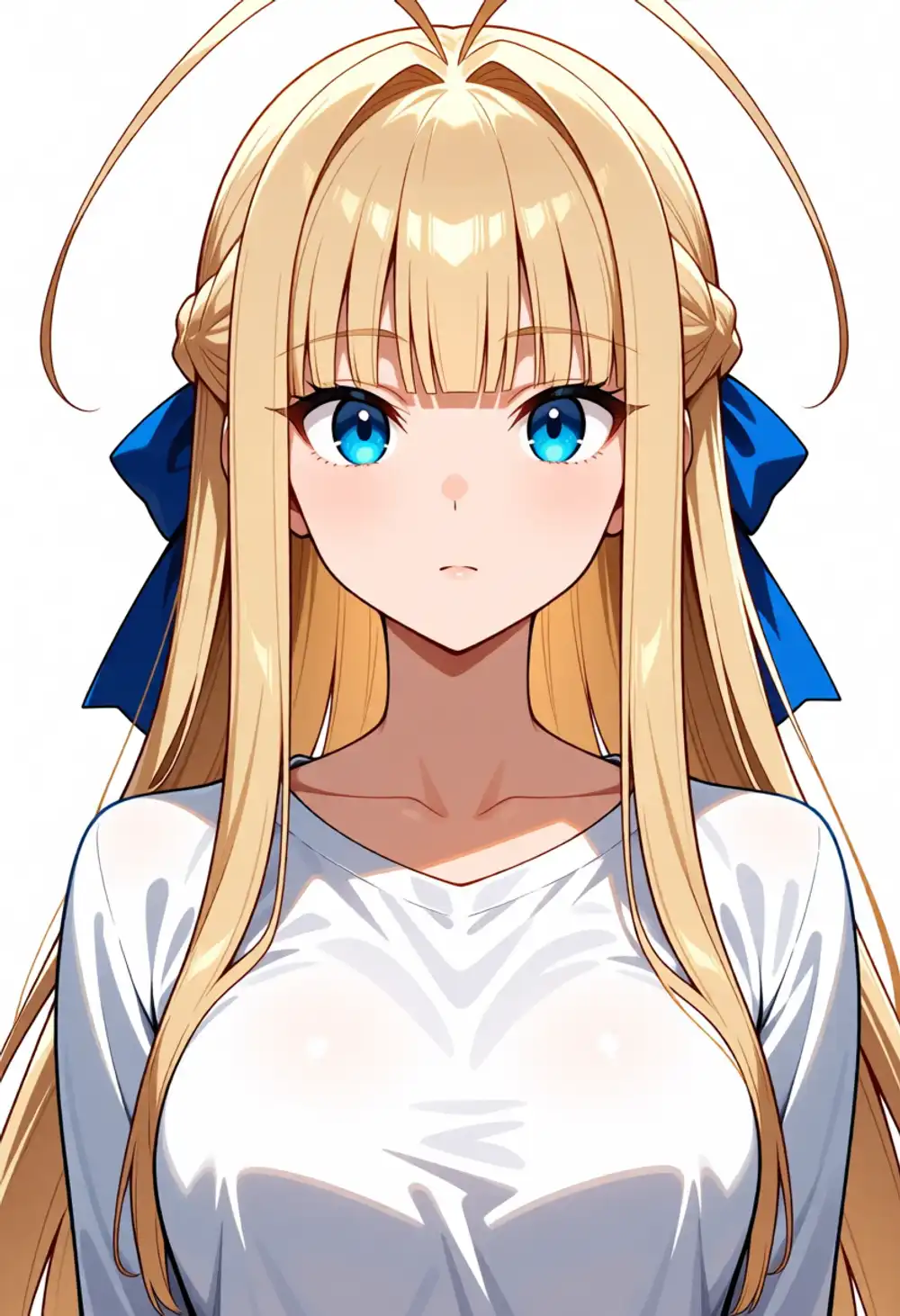 AI-1。真正面、ぱっつん前髪、触覚長、ハーフブレイド+青リボン、白オフショル、アホ毛が長く伸びる