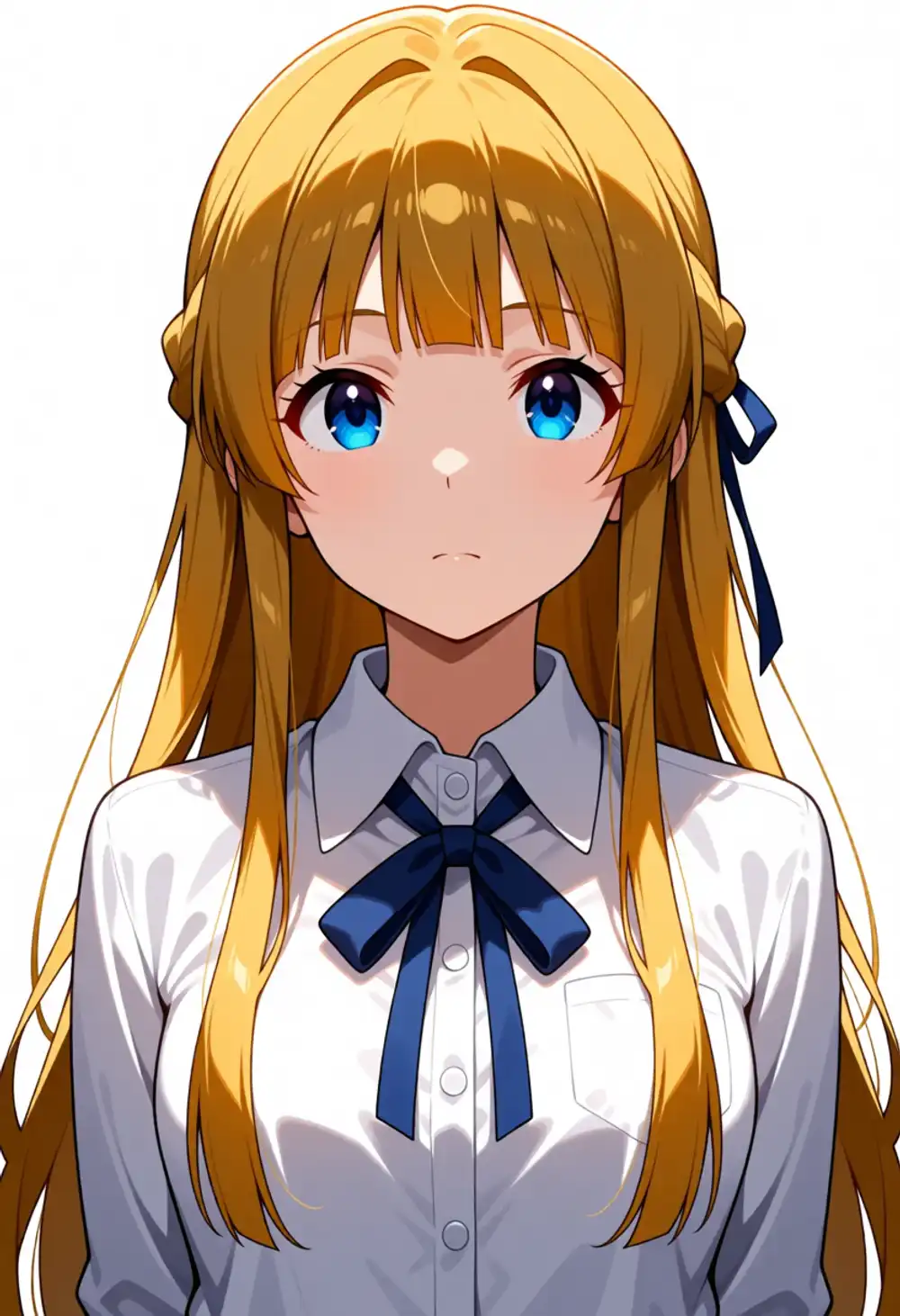 AO-1。ぱっつん明確、サイドロック長、白カラー+青リボン、髪色がやや赤茶寄り、インテーク弱
