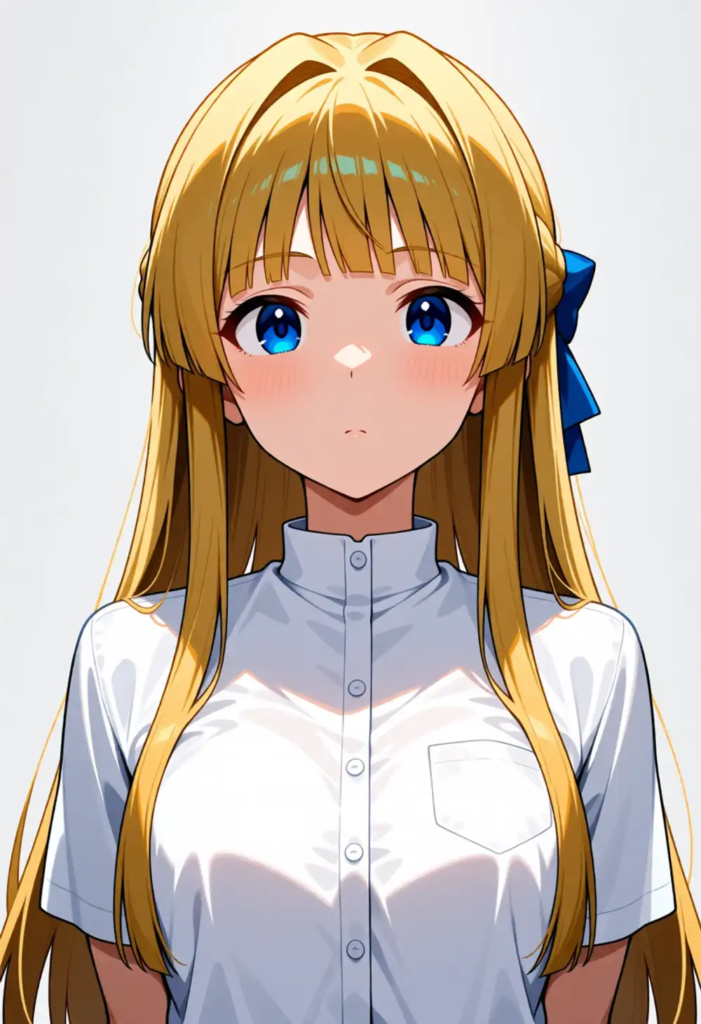 AQ-1。静香寄り、ぱっつん前髪短め、姫カット風になっている、白ボタンシャツ