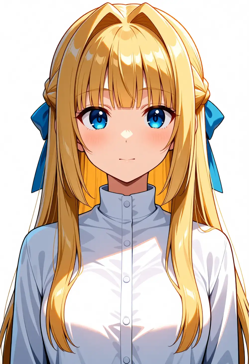 AR-1。真正面、ぱっつん前髪、左右対称ハーフアップ青リボン、白ボタンシャツ+タートルネック、サイド長め、インテーク中型でうっすら立ち上がり、参考画像にかなり近い