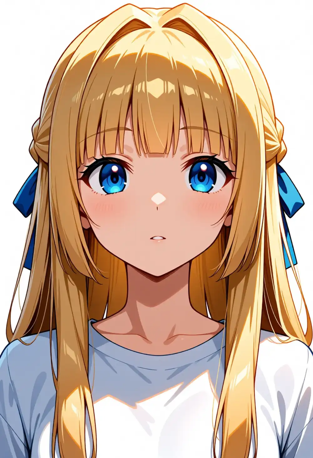 AU-1。クロスあり、ぱっつん明確、サイド長、ハーフブレイド+青リボン、白オフショル、ティーン顔