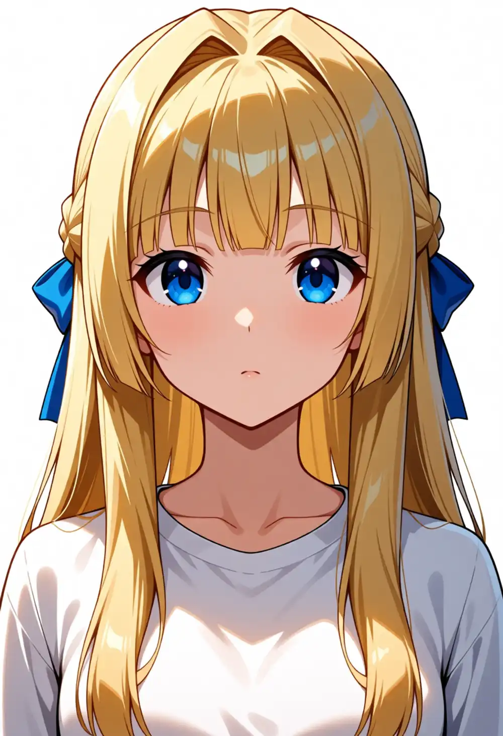 AU-3。クロス薄め、ぱっつん明確、ハーフブレイド+青リボン、白オフショル、ティーン顔、かなり近い