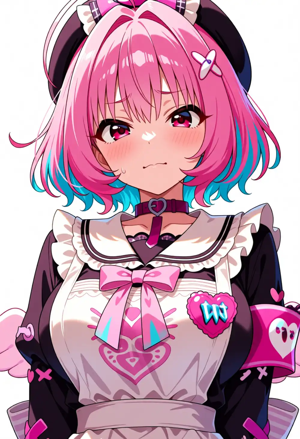 りあむテスト1。ピンク+水色グラデ髪、赤目、悪魔ホーン、フリル衣装、完全正面