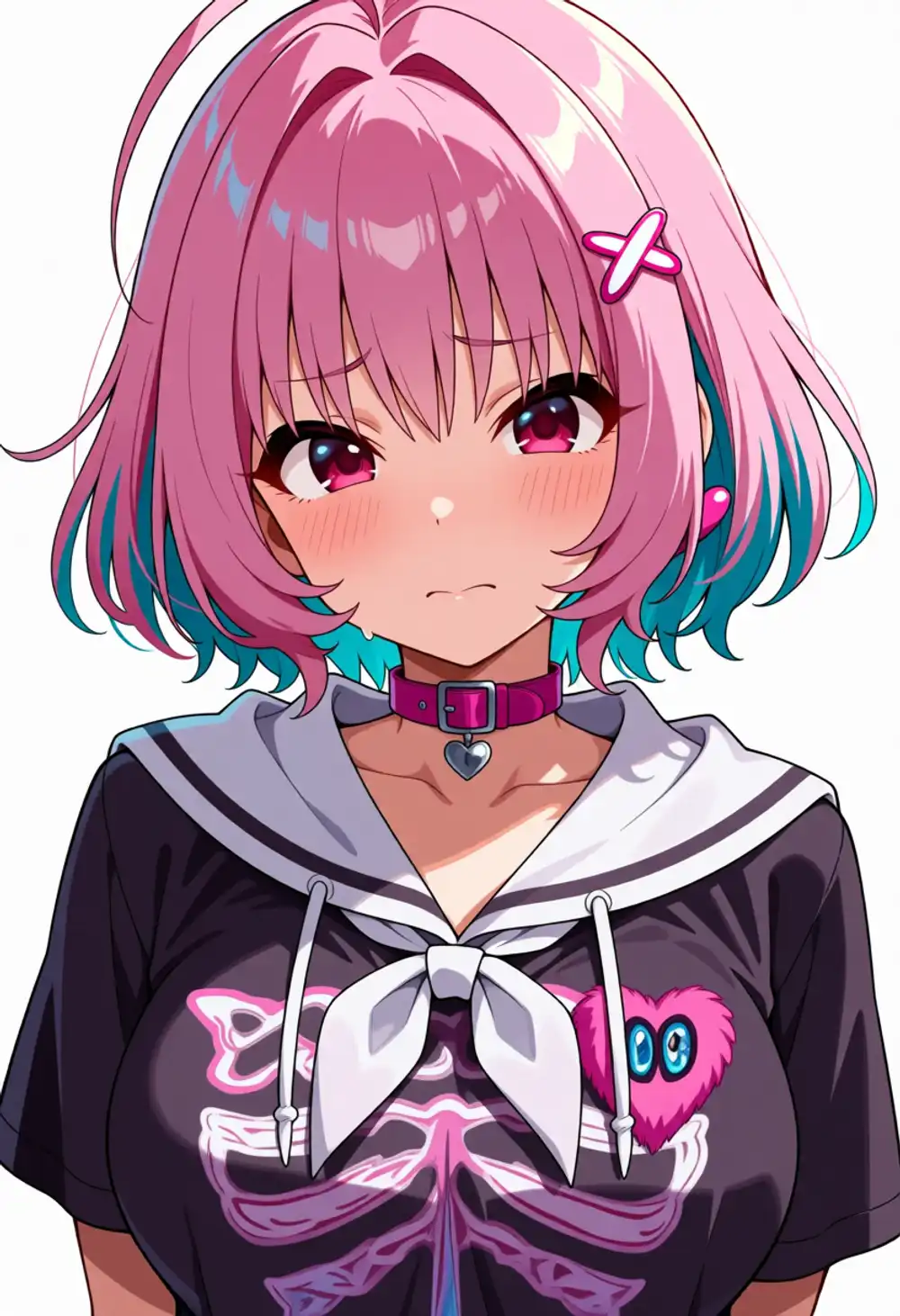 りあむテスト2。ピンク+水色髪、ぴょこ、首輪、ハート柄シャツ、完全正面