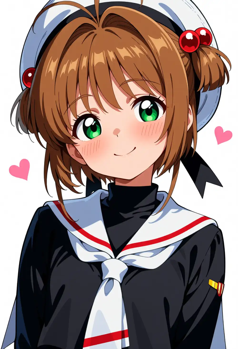 桜テスト1。茶髪ショート+白カチューシャ+赤ポンポン、緑目、CCS友枝小制服、3/4寄り