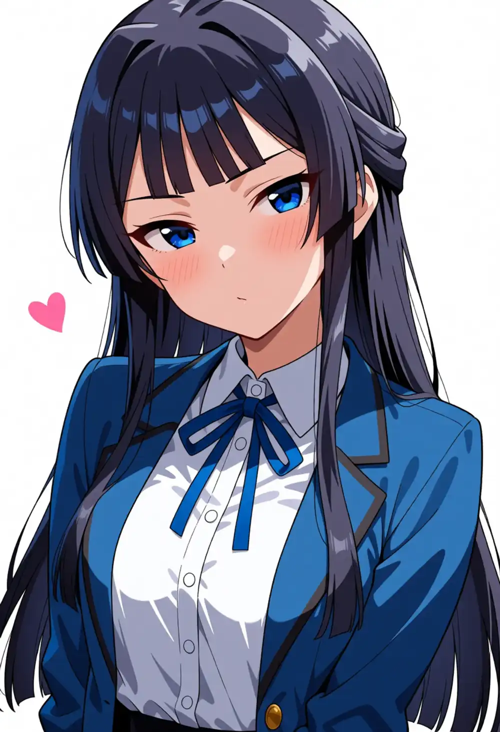 静香テスト1。黒髪+青目、ミリマス制服(青ジャケ+白ブラウス+青リボン)、ほぼ正面、両側薄いインテーク