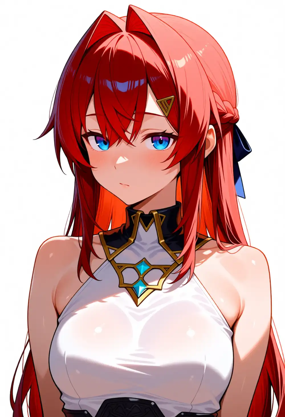 正面-アンジュ3。赤髪が漏れた失敗例、両側インテーク強、白オフショル、ネガに red hair あったがシードで剥がし不能