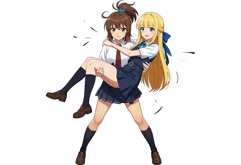 QIEで重ねたお姫様抱っこ。構図は出るが、かなのミディアムが長く伸びて高い位置でまとまり、元の髪型にならない