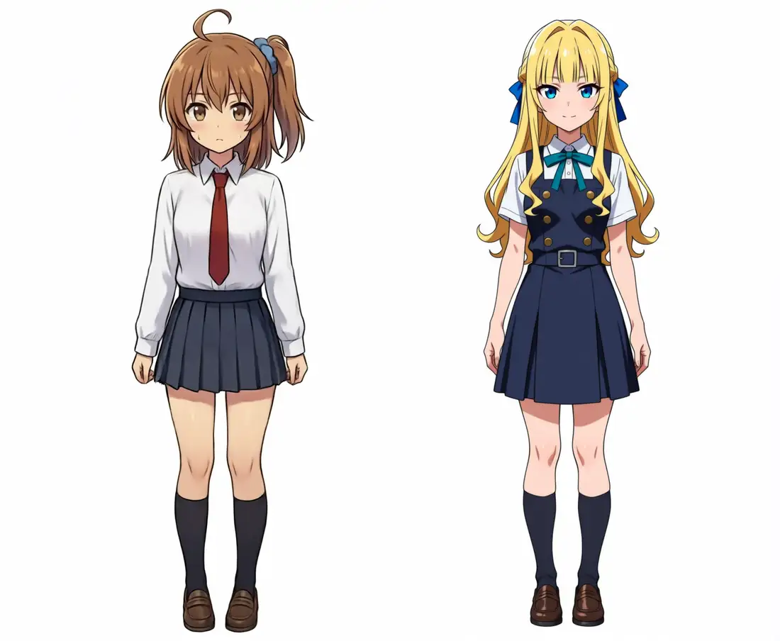 かなを左に固定し、右の空白をkei LoRAでinpaintした2キャラ。かなのサイドポニーが元のまま保たれている