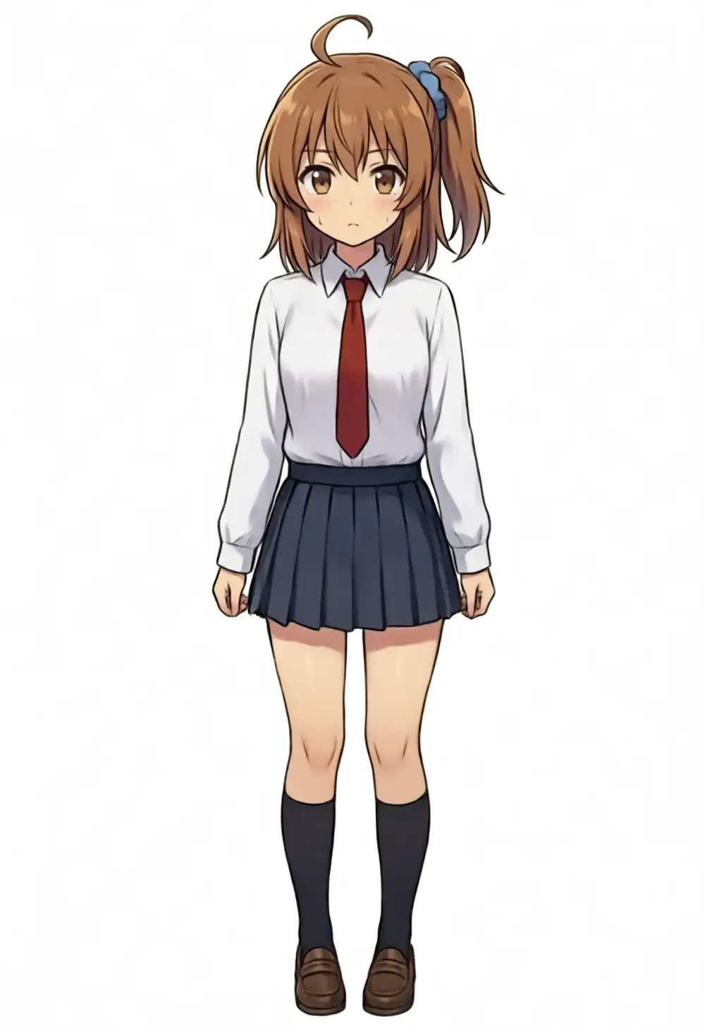 かな単体ベースライン。茶髪サイドポニー+青シュシュ+アホ毛、白シャツ+赤ネクタイ+濃紺プリーツスカート+黒ソックス