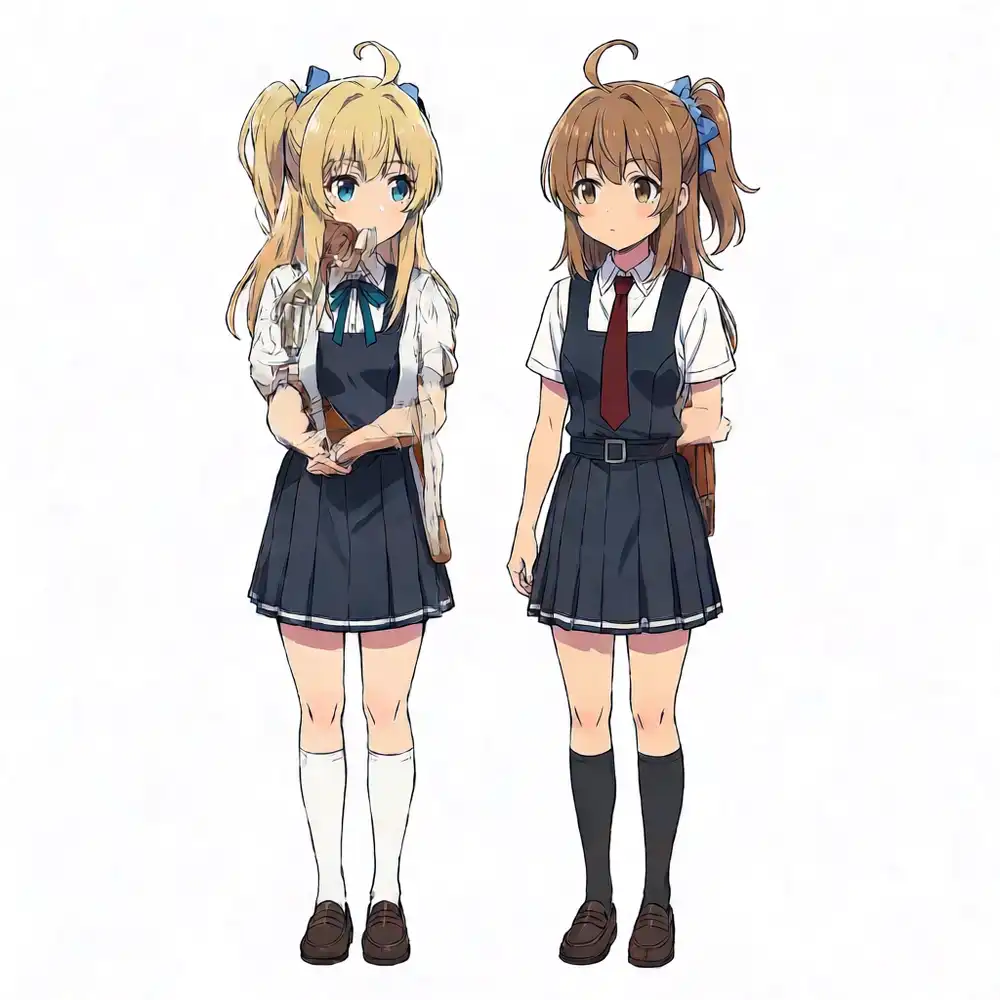 2体の立ち骨格にポーズ重みと2キャラLoRAを当てた出力。配置は骨格どおりだが、かながケイのピナフォアを着て髪型も混ざっている