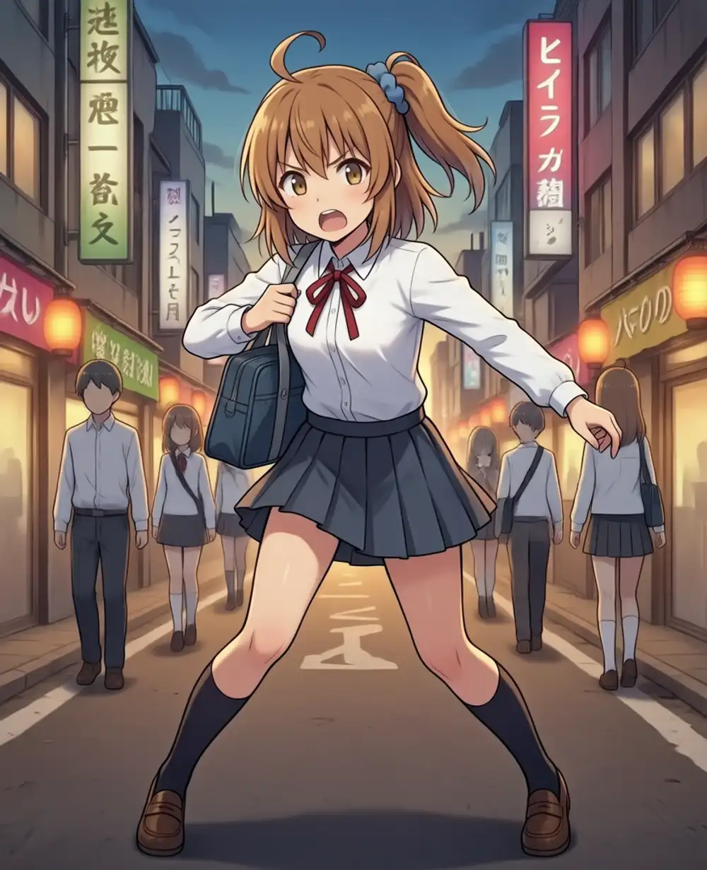 02_fullbody: 夕方の東京街並みで全身動的ポーズ