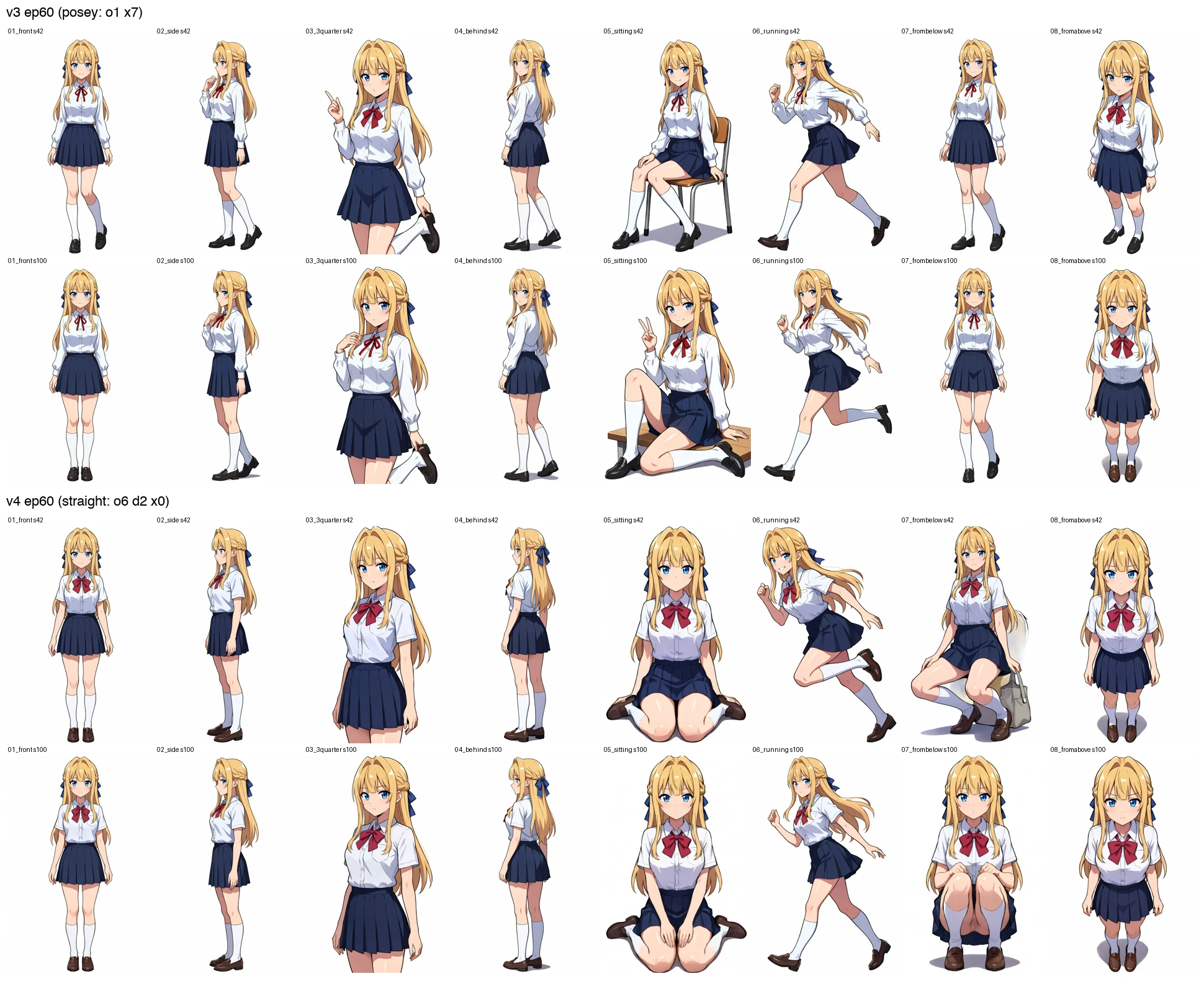 v3 vs v4 ep60 ポーズ検証グリッド比較（上=v3 ポーズ立ち / 下=v4 直立）