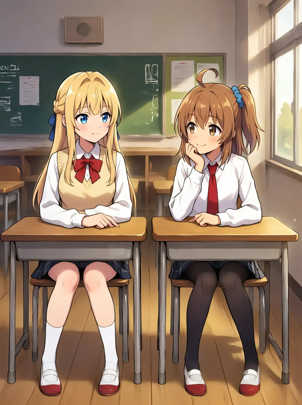 教室で座る ep140（窓の採光・黒板・机の奥行き、2人の分離も維持）