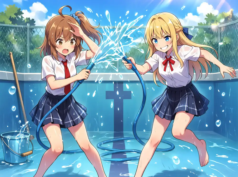 プール掃除の水かけ ep140（寄り。水飛沫・太陽光・ホースの掴みが成立、けい噴射・かな防戦の非対称も出ている）