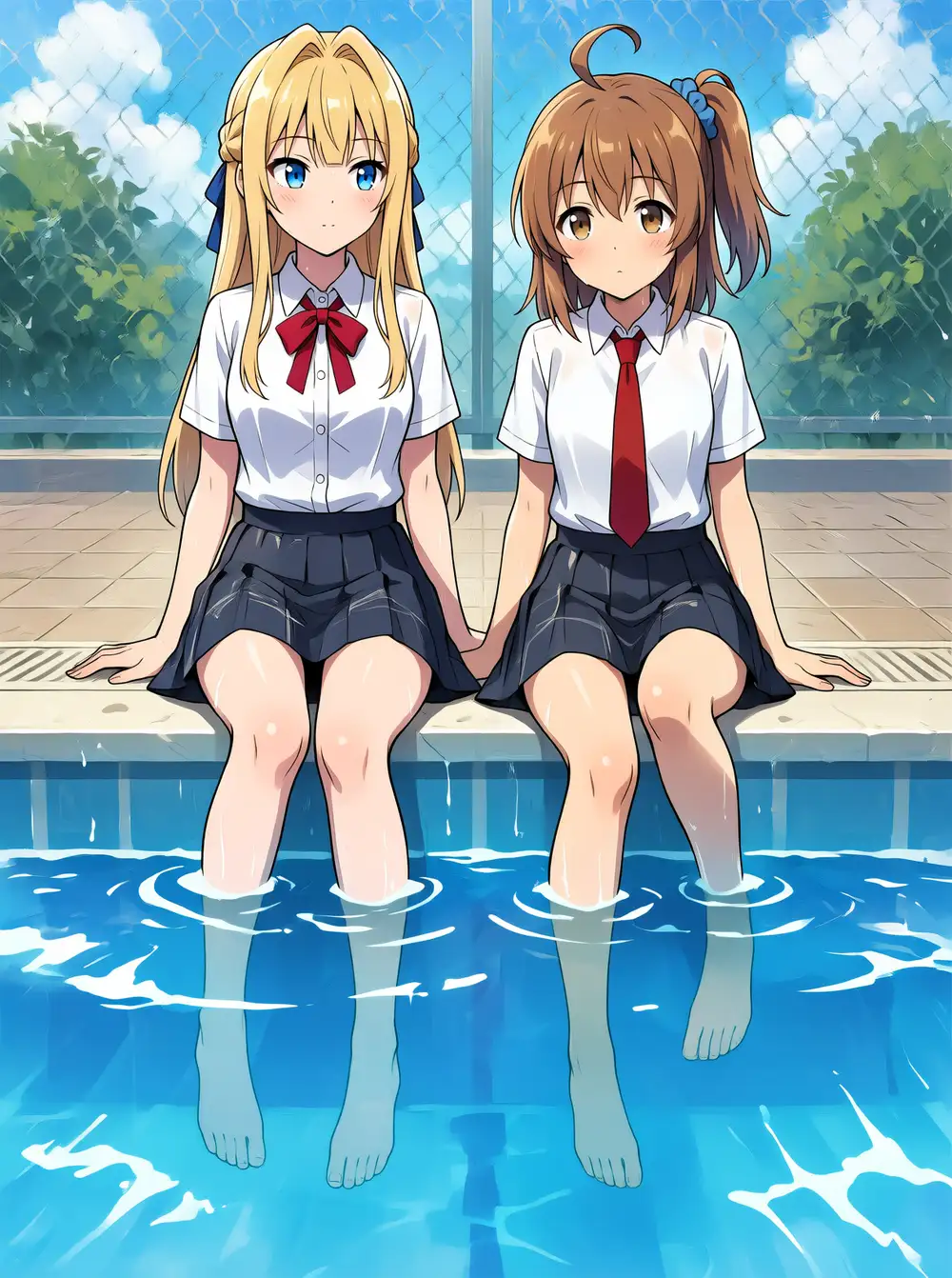 プールサイドで足を水に浸ける ep140（水面・濡れ描写も崩れず、足まで描けている）
