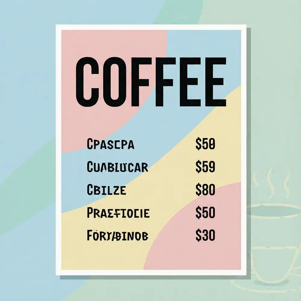 英語ポスター。COFFEEの見出しは読めるが、本文の品目は偽文字に崩れる