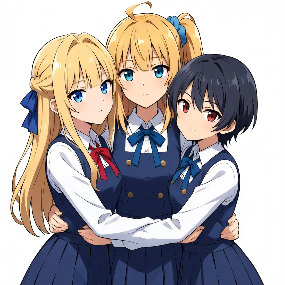 The appearance-written version (ep143, seed 7). Kana's brown washes out, blonde increases, and the side ponytail and blue scrunchie float free