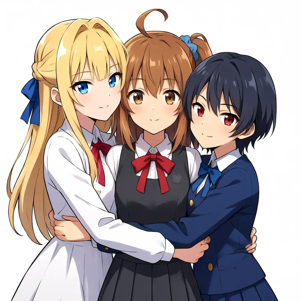 ep143 trigger-only output 1. Kei (left, blonde), Kana (center, brown side ponytail), and Koharu (right, dark hair) line up as distinct people