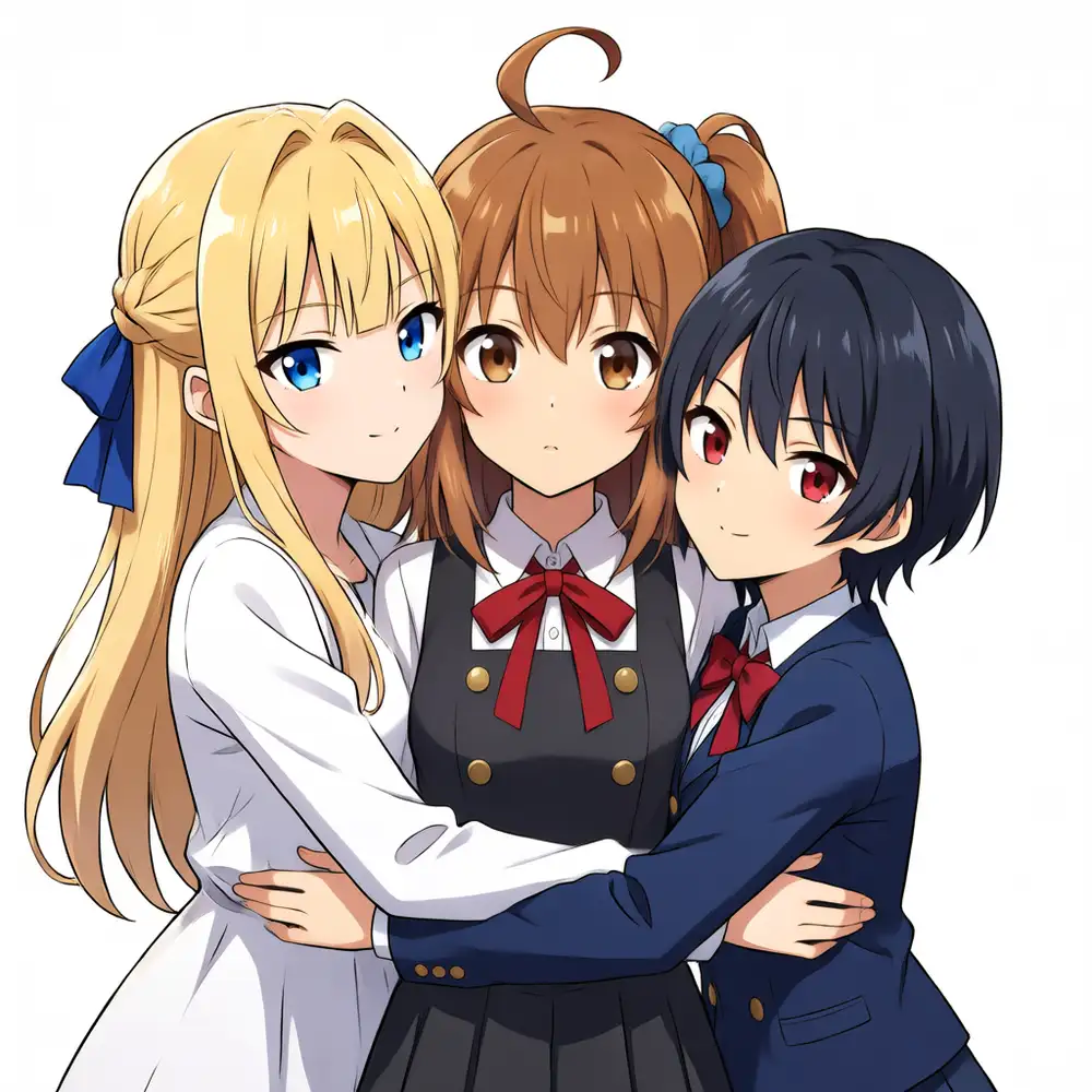 The trio at v2 ep143. Kei (left, blonde), Kana (center, side ponytail restored), and Koharu (right, dark hair) come out as distinct people