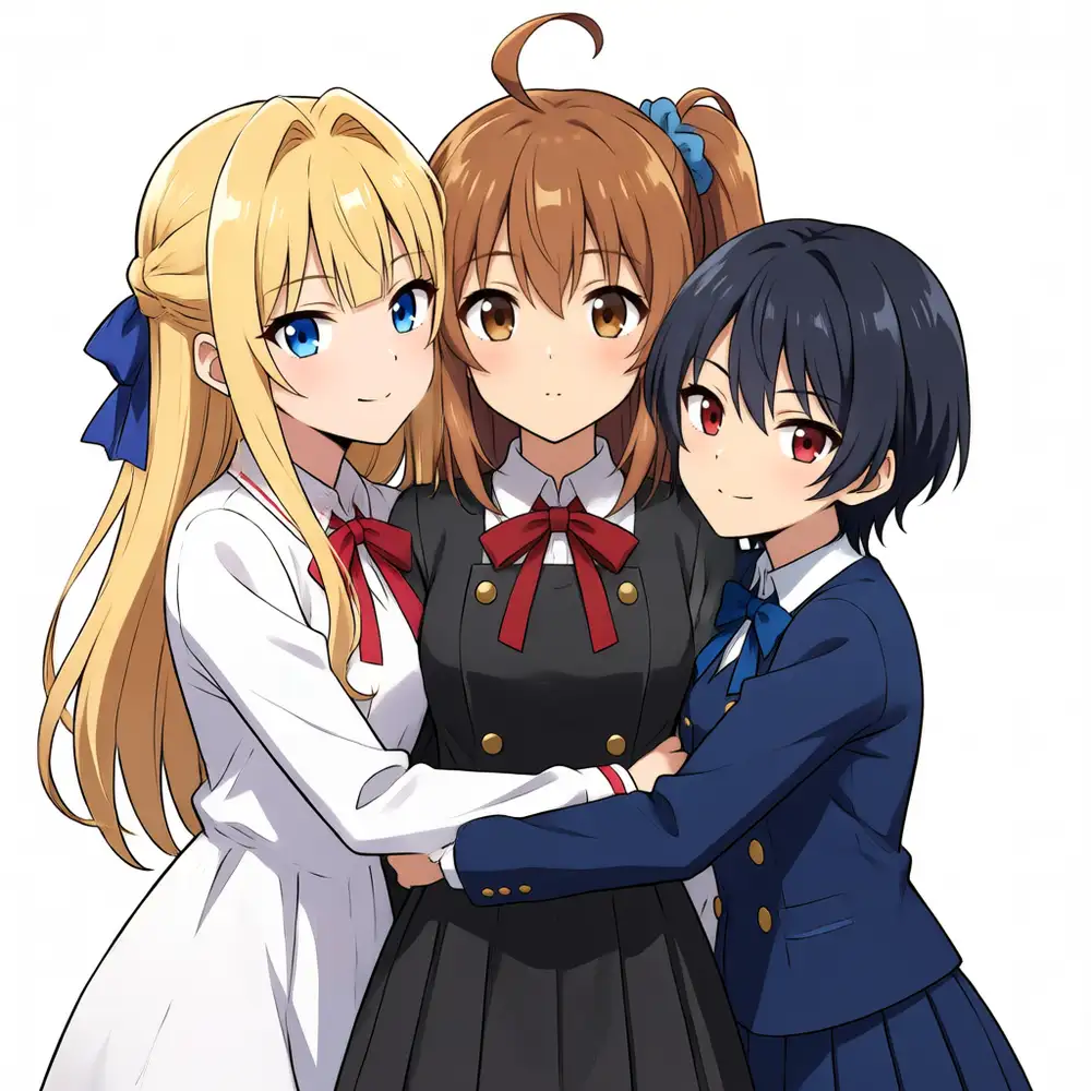 The trigger-only version (ep143, seed 7). Kana comes out with a brown side ponytail, blonde is just Kei, and all three line up as distinct people