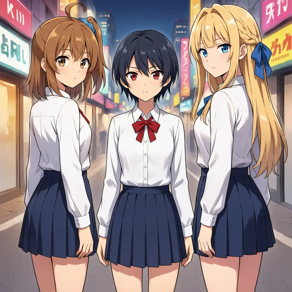 The three looking back over their shoulders in a nighttime downtown. The distinct rendering and uniform colors hold even against a neon background