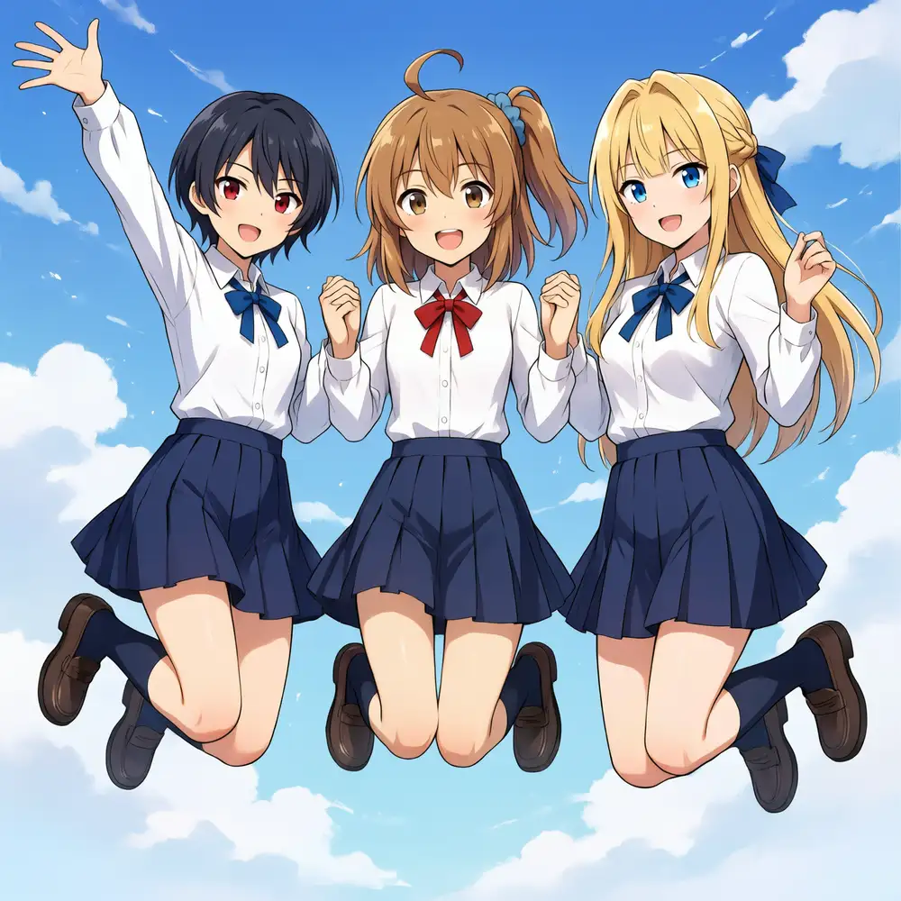 The three jumping against a blue sky. The skirts flip up and the uniform navy is drawn
