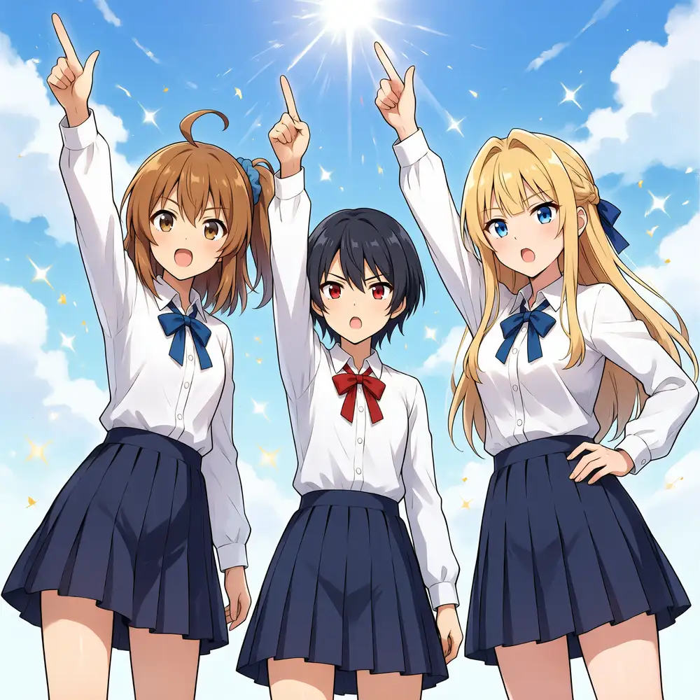 All three pointing an index finger at the sky. Brown side ponytail = Kana, short black hair with red eyes = Koharu, blonde with a blue ribbon = Kei. Unified in white shirts + navy pleats