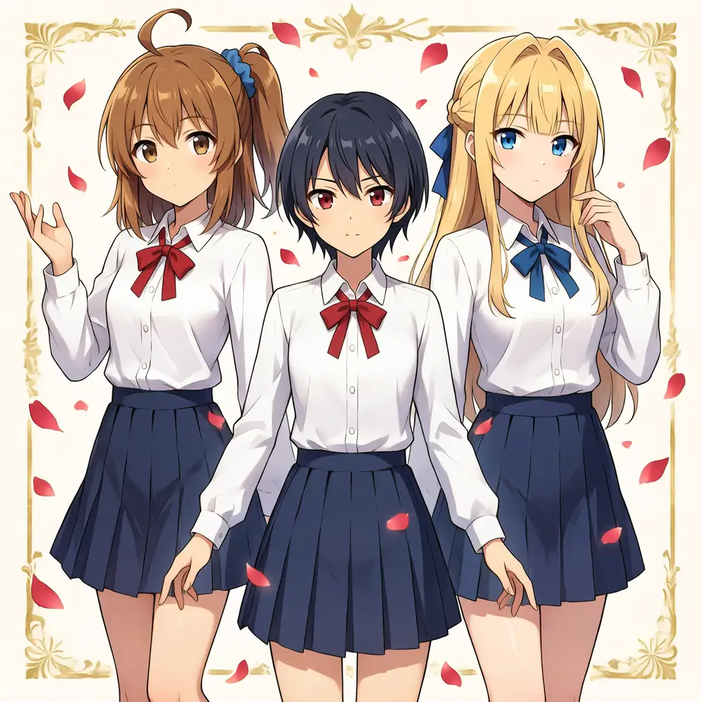 The three arranged in a shoujo-manga-style layout with rose petals and a gold frame. Separated as distinct people even against a decorative background