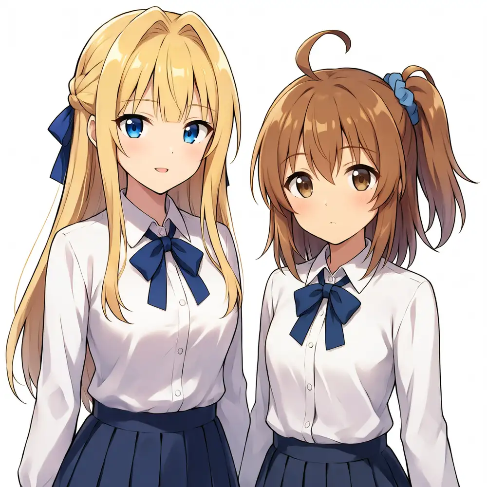 Kana + Kei. Left is Kei (long blonde hair, blue ribbon, blue eyes), right is Kana (brown side ponytail, ahoge, blue scrunchie, brown eyes). Separated as distinct people, with a height difference
