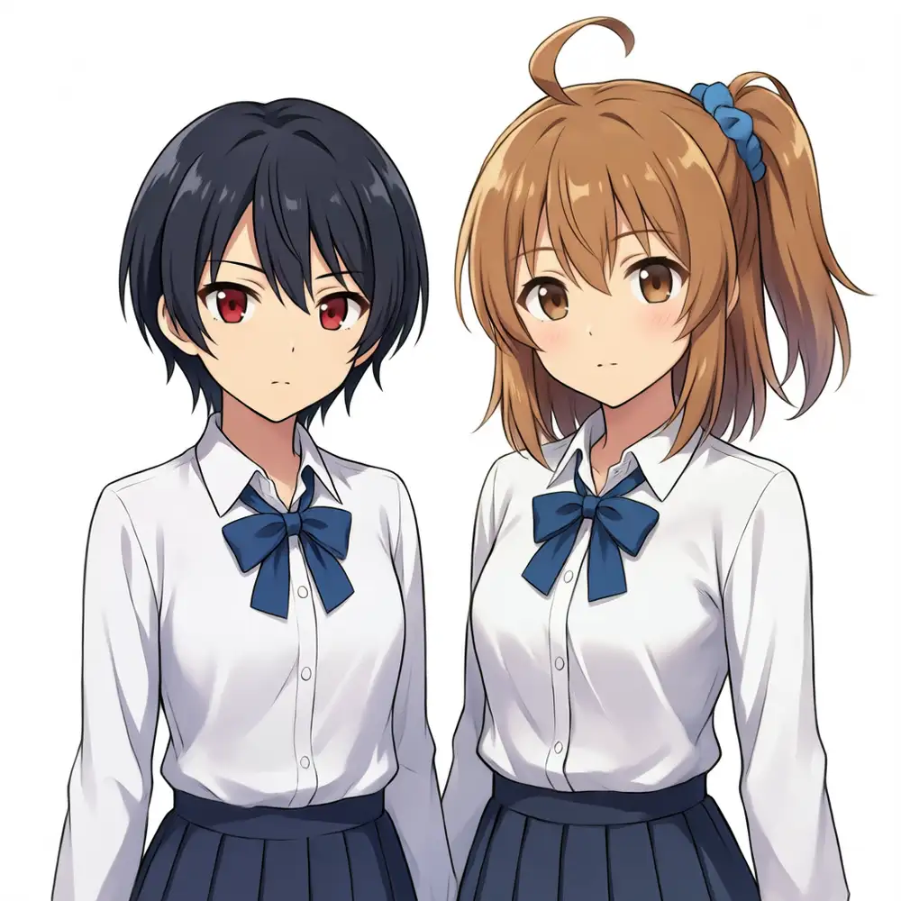 Kana + Koharu. Left is Koharu (short black hair, red eyes), right is Kana (brown side ponytail, ahoge, brown eyes). Kana stays brown and doesn't turn into Kei