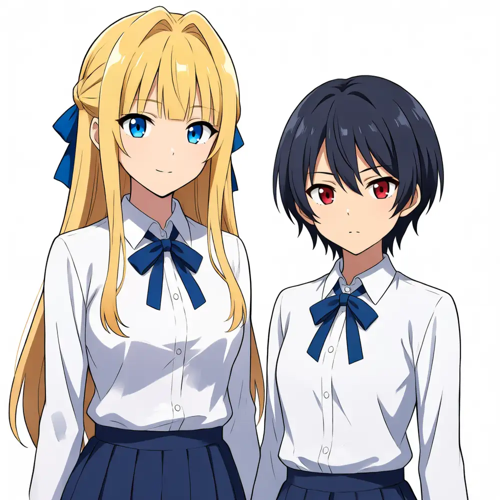 Kei + Koharu. Left is Kei (long blonde hair, blue ribbon, blue eyes), right is Koharu (short black hair, red eyes). Kei is taller, showing the height difference