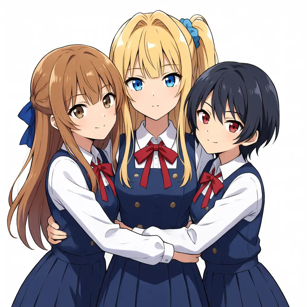 Same seed 42, ep143. Kana is held as a brown side ponytail, and all three line up as distinct people