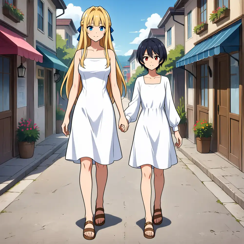 s02 Qwen版。けい左・こはる右で手を繋いで歩く。指示にない街並み背景を補完