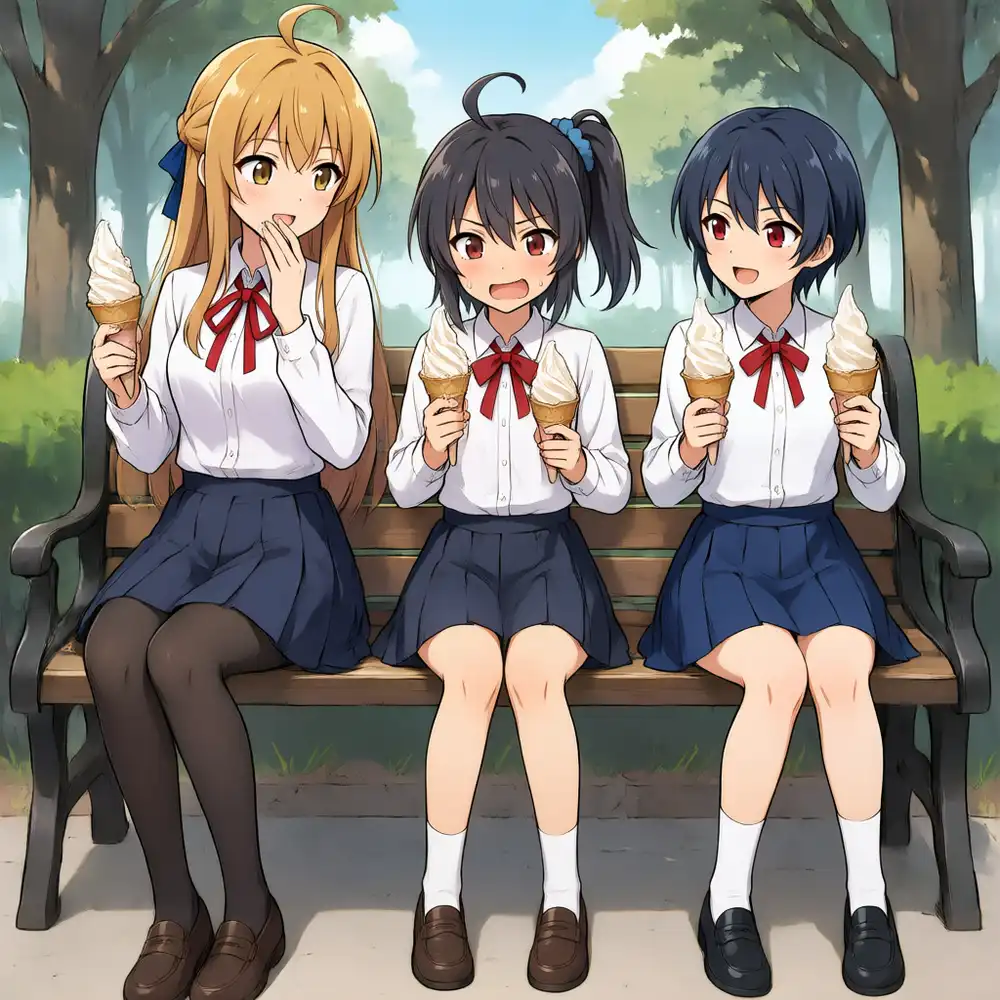 s03 Claude版フリーフォーム。中央のかなが黒髪化し、左のけいの髪色もオレンジがかってアホ毛が移っている