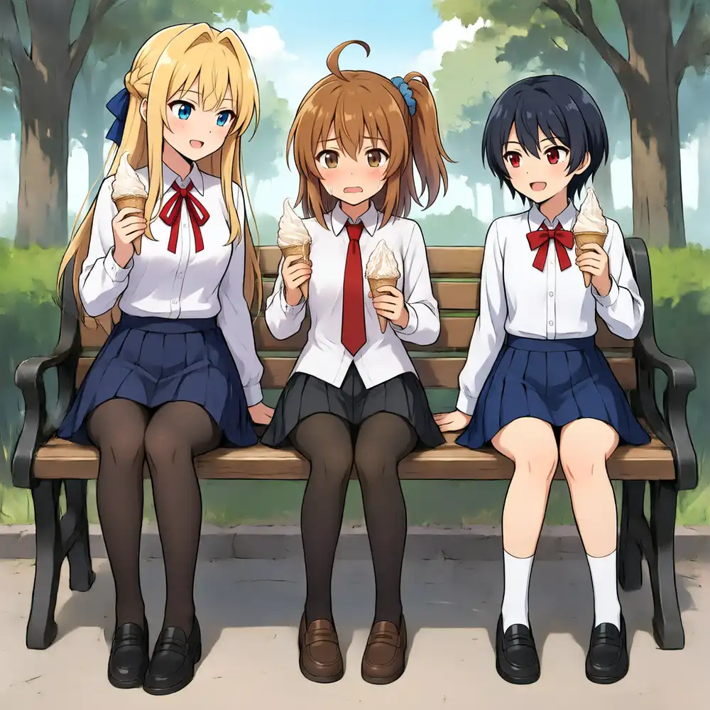 s03 Claude版厳格ブリーフ。同一シードでかなが茶髪サイドポニーに戻り、3人とも本人で困り顔と両手のコーンも出る