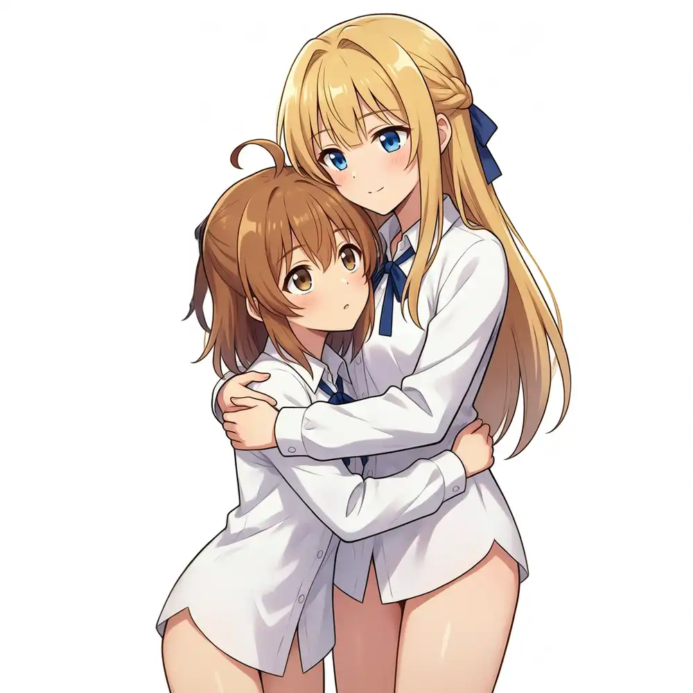 s04 Claude版。金髪のけいが屈んでかなを抱きしめ、かなが見上げる。指示通り