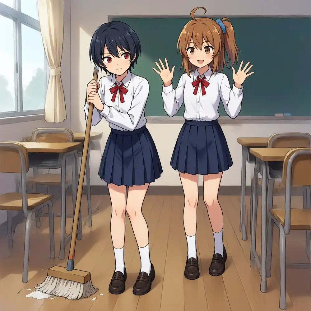 s05 Claude版。掃除道具はこはるだけが持つが、箒ではなくデッキブラシ。かなは両手上げで、忍び寄りではなく横並び