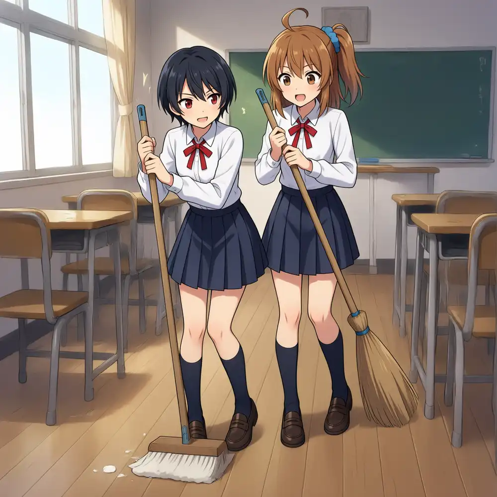 s05 Qwen版。こはるがデッキブラシ・かなが竹箒の2人持ちで並んで掃除。役割が消えた