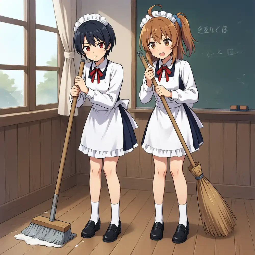 s05 Qwen版厳格ブリーフ。2人がメイド服姿になり箒も2本のまま。掃除からの連想で服が変わった