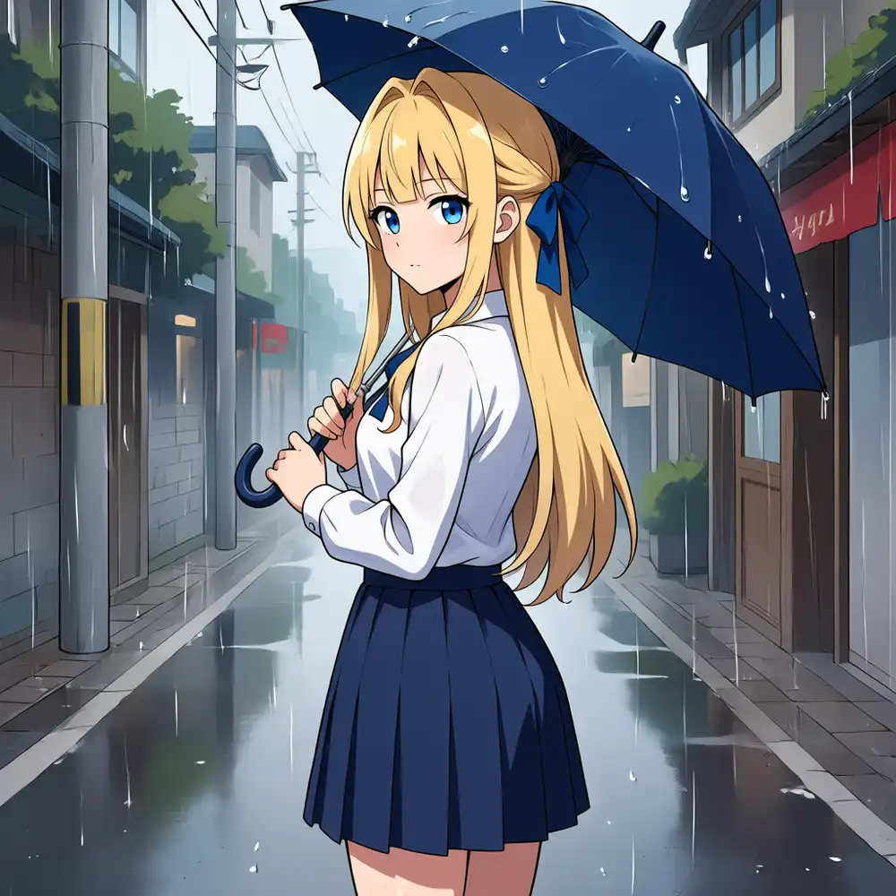 s07 Claude版。ほぼ同じ構図で青い傘と振り返り