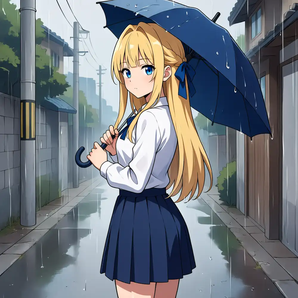 s07 Qwen版。けいが雨の路地で青い傘をさして振り返る。金髪・青リボン・制服
