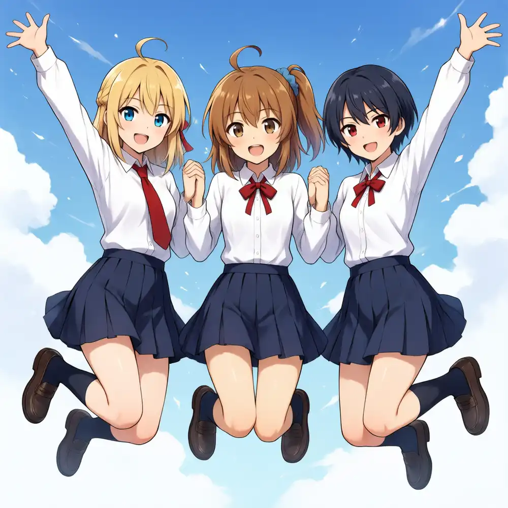 s09 Qwen版。3人ジャンプで金髪のけいらしき娘は残るが、髪が短くリボンは赤化し、かなのアホ毛まで移っている