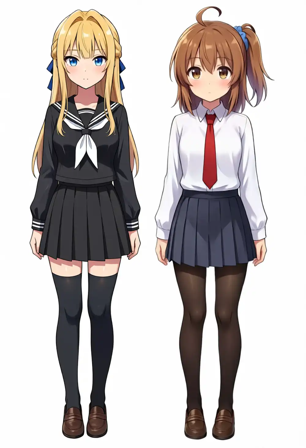 左キャラだけ黒セーラー服に変更した出力。靴下も黒ニーソックスに変わり、右キャラは元画像のまま