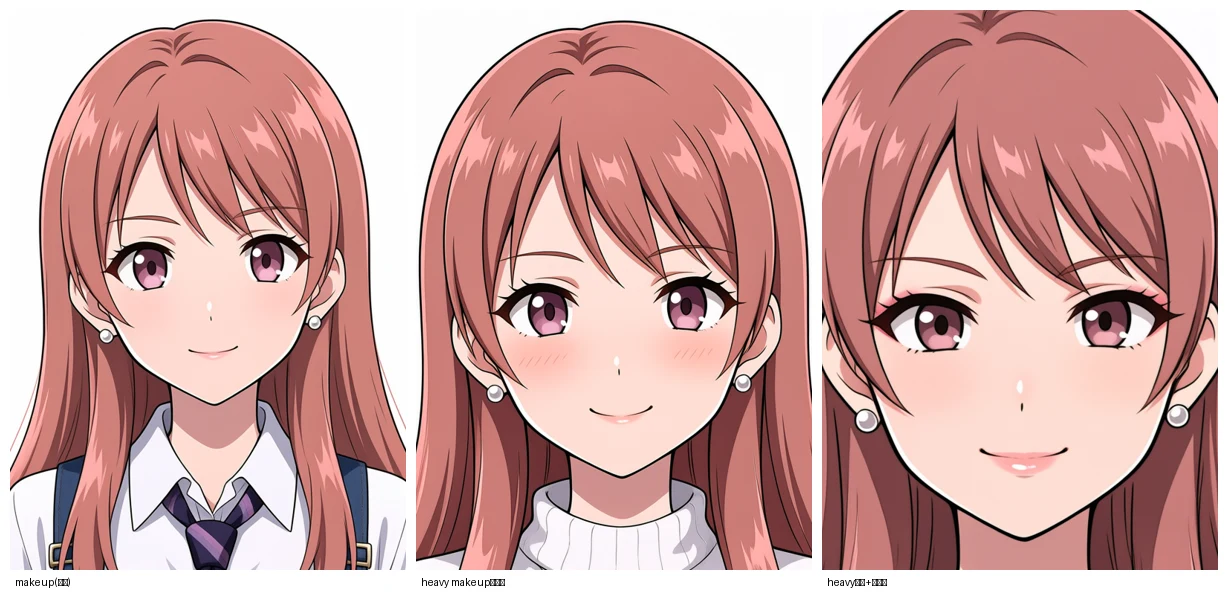盛り3段。左=通常(makeup)、中=heavy makeupタグ群、右=heavyタグ+自然文