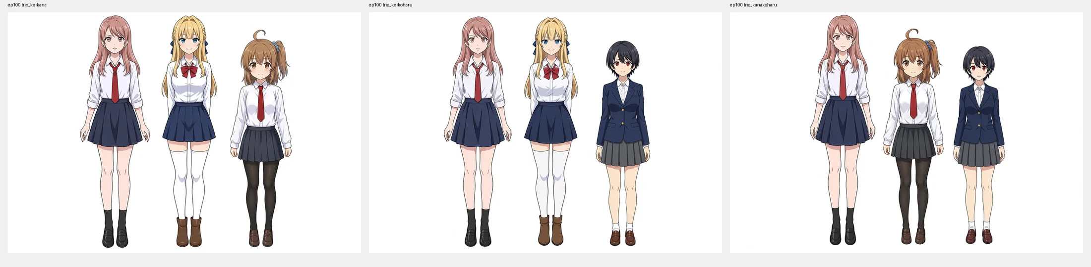 ep100トリオ3種。位置文どおりの配置で混色なし、かなこははるの三段身長差も出る