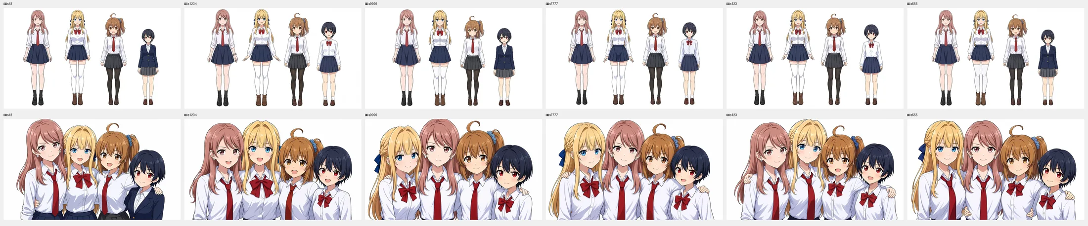 一発率シート。上段=4人立ち6seed、下段=4人密着6seed。全12枚が条件を満たした