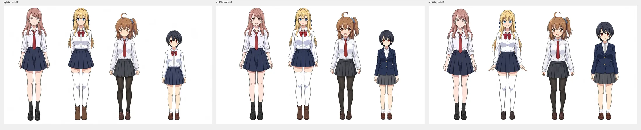 4人立ちのep95/100/108比較。95は足長、108は頭身が締まる。100は中間