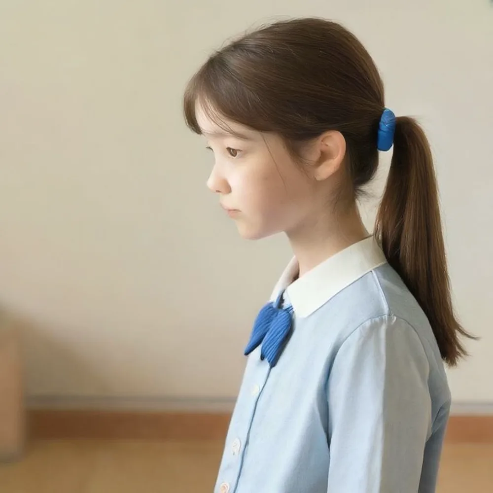 SeFi-Image 1B turboで生成したサイドポニー・青スクランチーの女子高生キャラクター。指定通りの外見で偽テキストなし