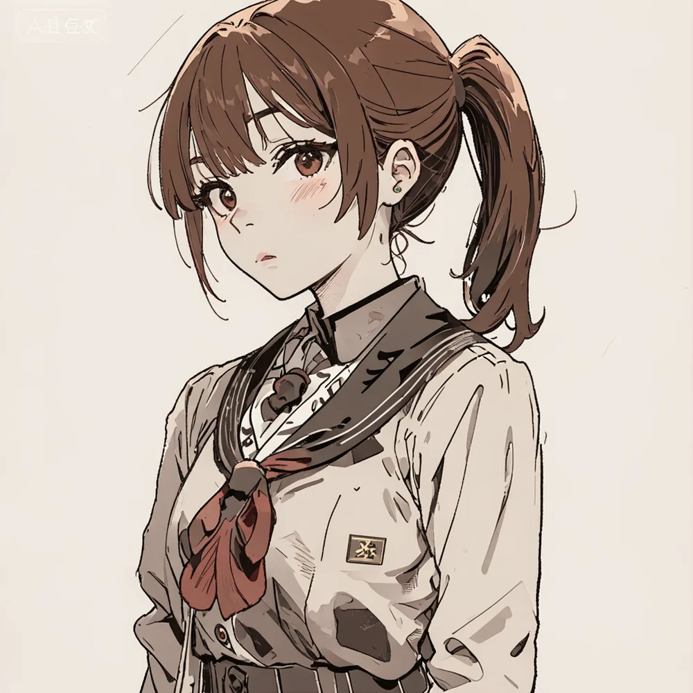SeFi-Image 2B turboで生成したアニメ系の人物イラスト。背景をプレーンに指定すると看板状のテキスト羅列は消えるが、左上の透かしと校章の文字だけ残った